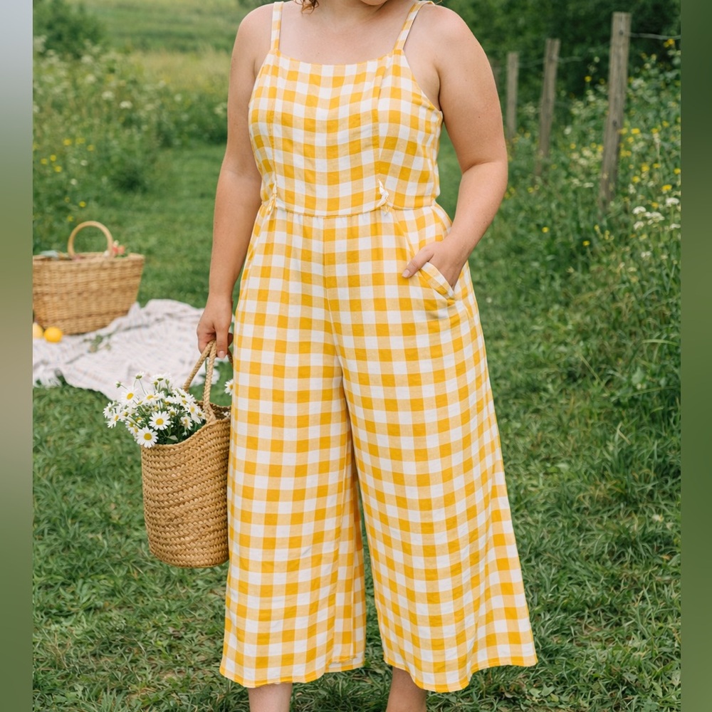 Old Navy Yellow Gingham Linen Blend Wide Leg Crop Pants Sz S Smocked Cottagecore